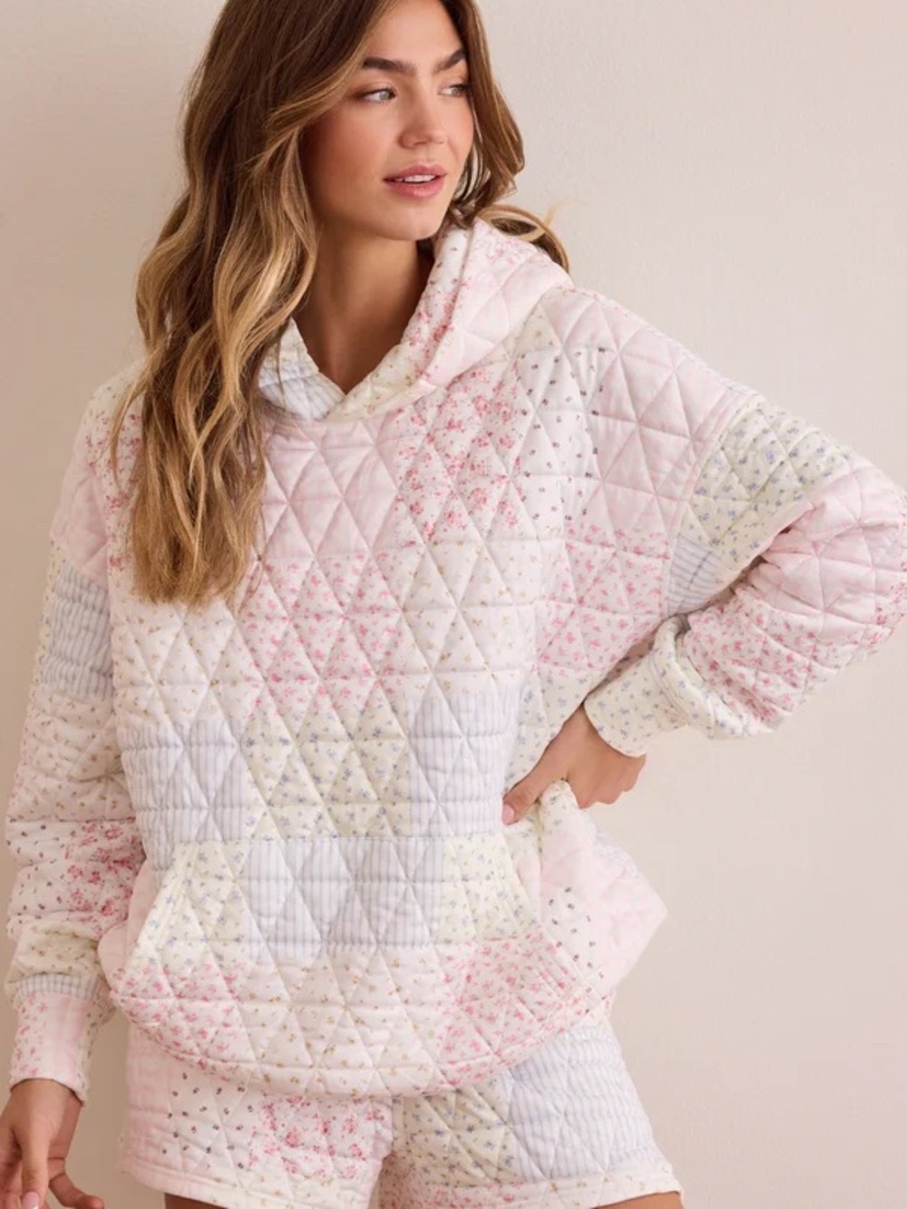 J.O.A. Quilted Hooded Pullover in Pink & White Patchwork
